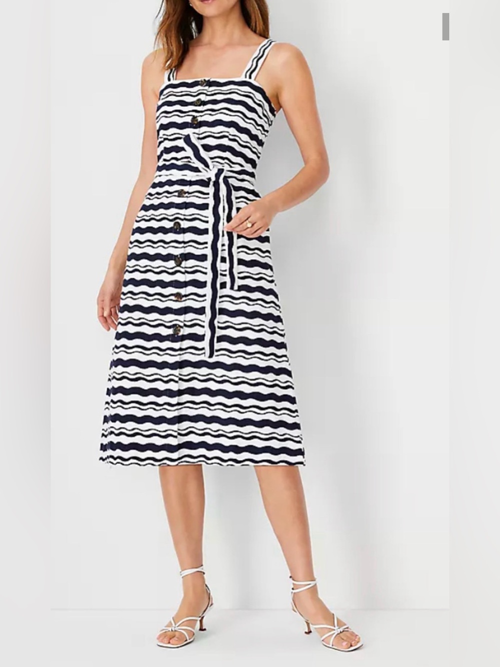 NEW ANN TAYLOR NAVY BLUE WHITE WAVE STRAPPY FLARE DRESS SZ XS